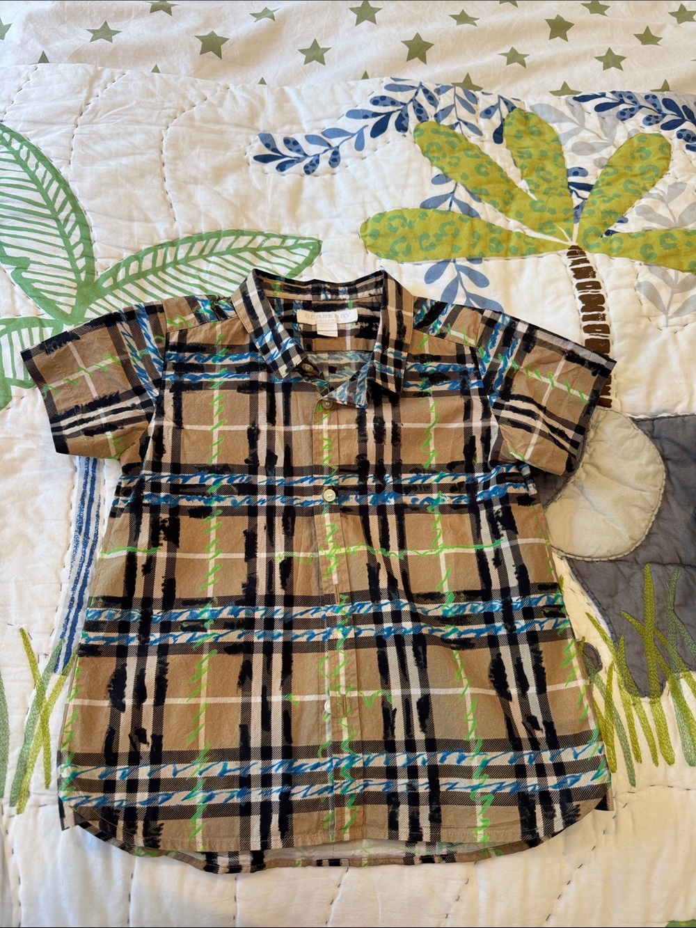 Burberry Tan Plaid Short Sleeve Button-Down Shirt with Blue & Green Accents